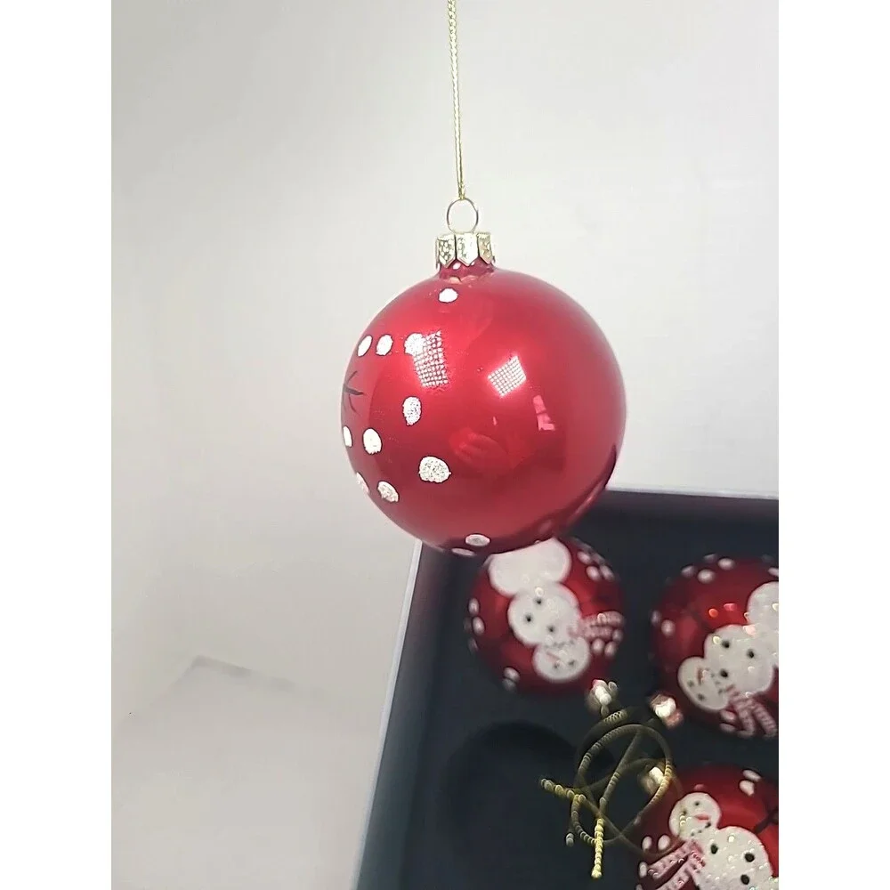 Vintage Season’s Designs Mouth Blown Glass Ornaments Red W/Skating Snowmen 4pc